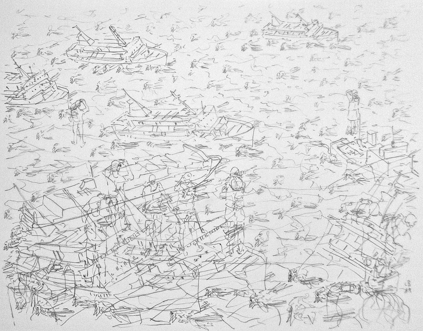 © Leo Brunschwiler, sinkende Schiffe, tote Rotschwänzchen und Touristen, Bleistift auf Polyesterfolie, 28 cm x 35 cm , 2019
