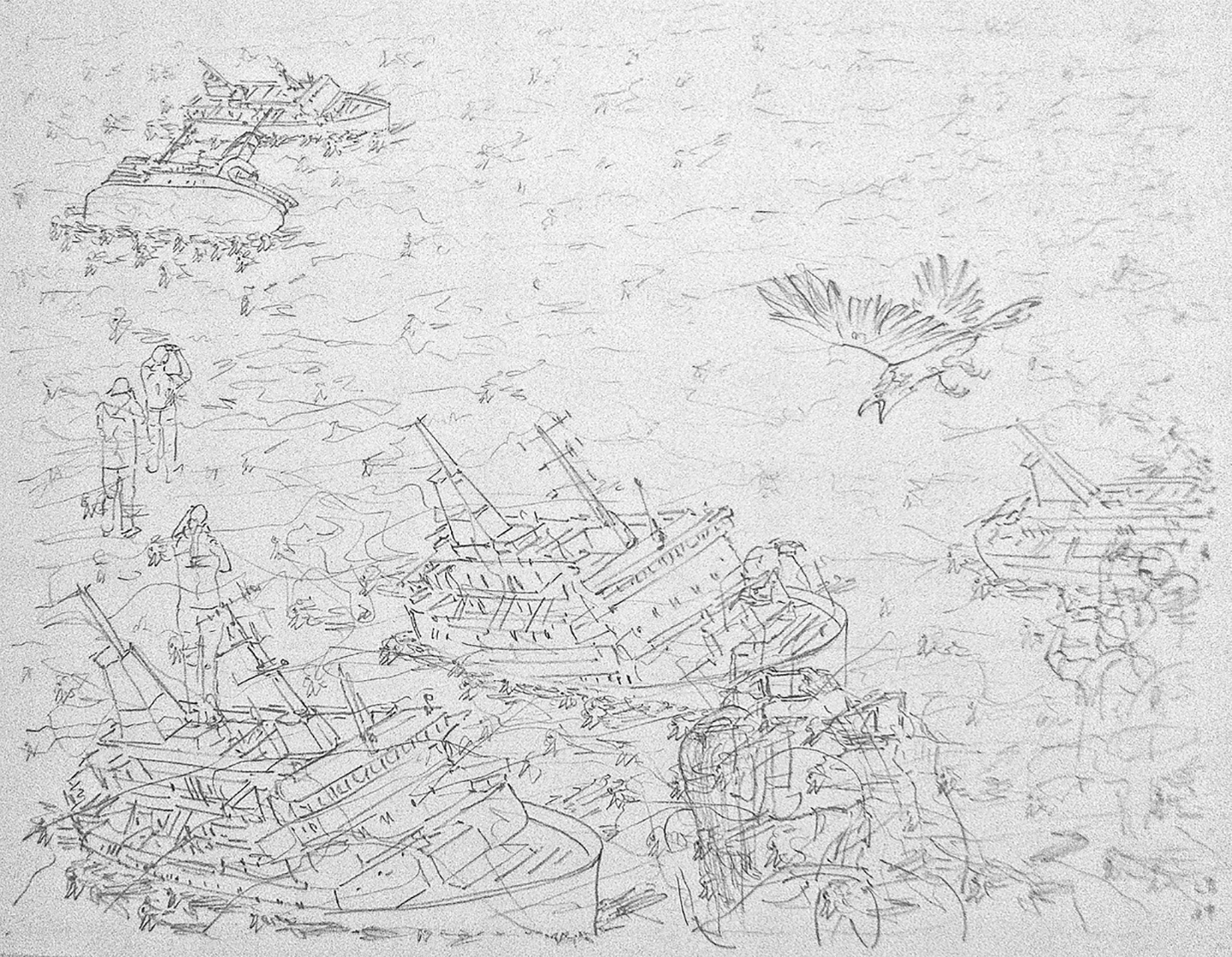 © Leo Brunschwiler, sinkende Schiffe, tote Rotschwänzchen, Touristen und angreifender Vogel, Bleistift auf Polyesterfolie, 28 cm x 35 cm , 2019
