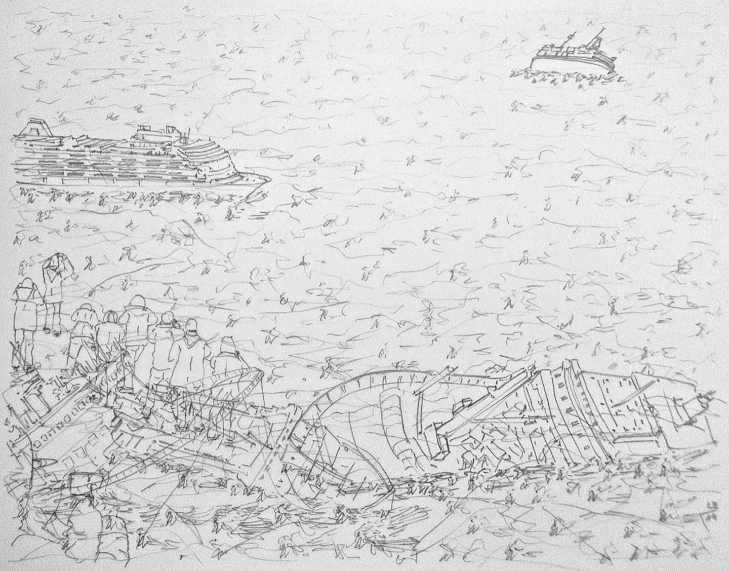 © Leo Brunschwiler, sinkende Schiffe, tote Rotschwänzchen und Touristen, Bleistift auf Polyesterfolie, 28 cm x 35 cm , 2019
