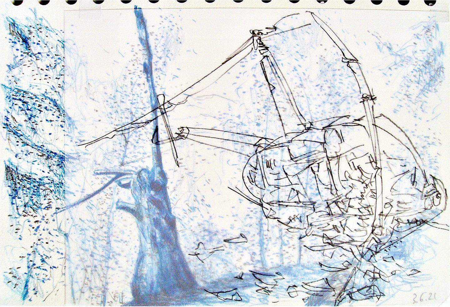 © Leo Brunschwiler, havarierter Baum und abgestürzter Helikopter, Farbstift und Bleistift auf Papier und Polyesterfolie, 14 cm x 21 cm , 2021
